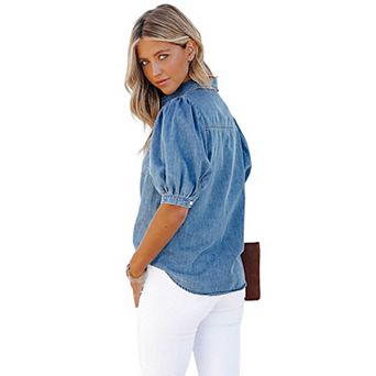 Women's Puff Sleeve Denim Shirt Lightweight Lapel Button-Down Top