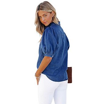 Women's Puff Sleeve Denim Shirt Lightweight Lapel Button-Down Top