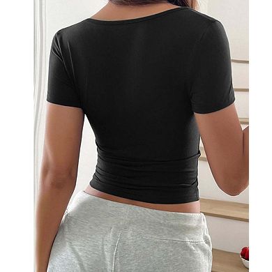 Women's Square Neck Short Sleeve Solid Color Slim Fit Tee