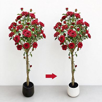 1.5m Artificial Silk Rose Tree with Lifelike Red Blooms in Round Pot