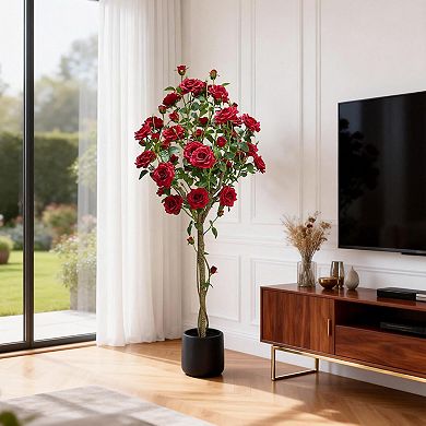 1.5m Artificial Silk Rose Tree with Lifelike Red Blooms in Round Pot