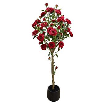 1.5m Artificial Silk Rose Tree with Lifelike Red Blooms in Round Pot