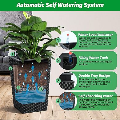 Set of 4 Tall Rattan Planters 16", Self Watering Plant Pots with Water Level Indicator