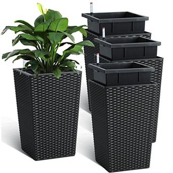 Set of 4 Tall Rattan Planters 16", Self Watering Plant Pots with Water Level Indicator
