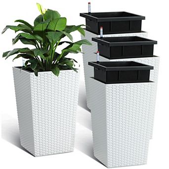 Set of 4 Tall Rattan Planters 16", Self Watering Plant Pots with Water Level Indicator
