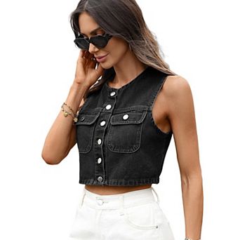 Women's Round Neck Sleeveless Denim Vest with Dual Pockets