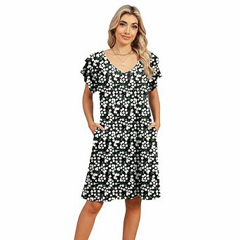 Women's V-Neck Floral Print Beach Dress with Double Ruffle Sleeves