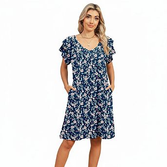 Women's V-Neck Floral Print Beach Dress with Double Ruffle Sleeves