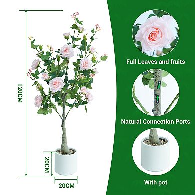 4Ft Artificial Rose Tree with Pretty Flowers, Realistic Faux Rose Plant in Pot For Home, Office