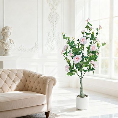 4Ft Artificial Rose Tree with Pretty Flowers, Realistic Faux Rose Plant in Pot For Home, Office