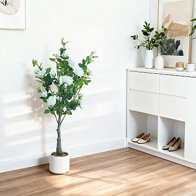 4Ft Artificial Rose Tree with Pretty Flowers, Realistic Faux Rose Plant in Pot For Home, Office