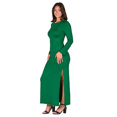 Petite 24Seven Comfort Apparel Long Sleeve Side Slit Fitted Maxi Dress