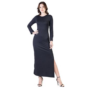 Petite 24Seven Comfort Apparel Long Sleeve Side Slit Fitted Maxi Dress