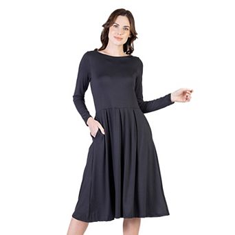 Petite 24Seven Comfort Apparel Long Sleeve Fit & Flare Pocket Midi Dress