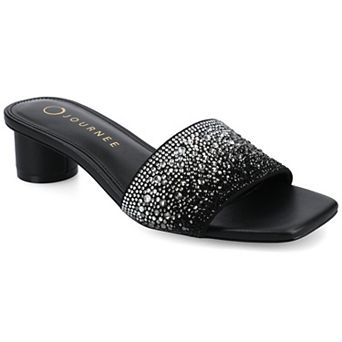 Journee Flora Women's Square Toe Rhinestone Slip on Block Heel Sandals