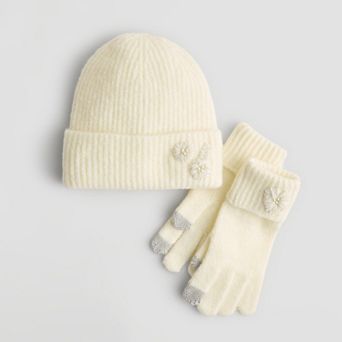 Women's Nine West Embroidered Floral Beanie & Gloves Set