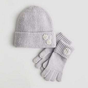 Women's Nine West Embroidered Floral Beanie & Gloves Set