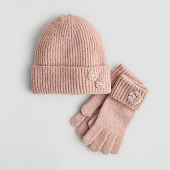 Women's Nine West Embroidered Floral Beanie & Gloves Set