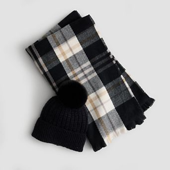 Women's Nine West Plaid Feather Soft Wrap Scarf & Pom Beanie Box Set