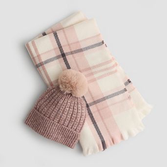 Women's Nine West Plaid Feather Soft Wrap Scarf & Pom Beanie Box Set