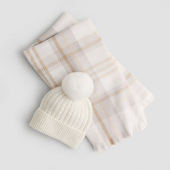 Women's Nine West Plaid Feather Soft Wrap Scarf & Pom Beanie Box Set