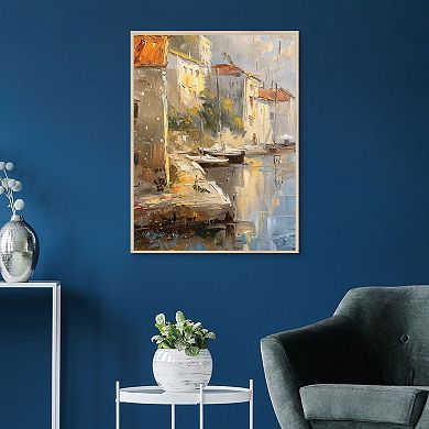 Masterpiece Sunkissed Seaside Village 30" x 40" Framed Canvas Wall Art