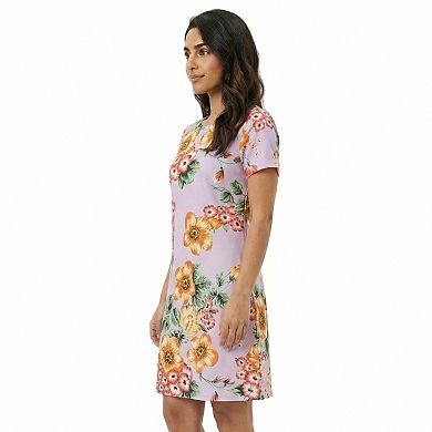 Petite 24Seven Comfort Apparel Floral Short Sleeve Round Neck Mini Shift Dress