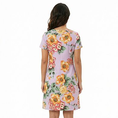 Petite 24Seven Comfort Apparel Floral Short Sleeve Round Neck Mini Shift Dress