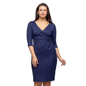 Petite 24Seven Comfort Apparel V-Neck Three Quarter Sleeve Faux Wrap Knee Length Dress