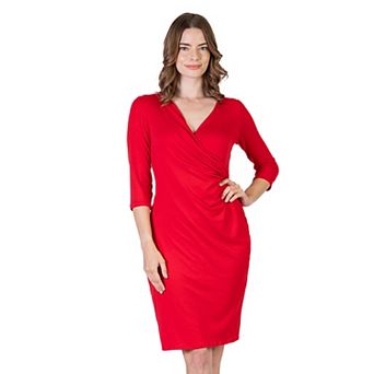Petite 24Seven Comfort Apparel V-Neck Three Quarter Sleeve Faux Wrap Knee Length Dress