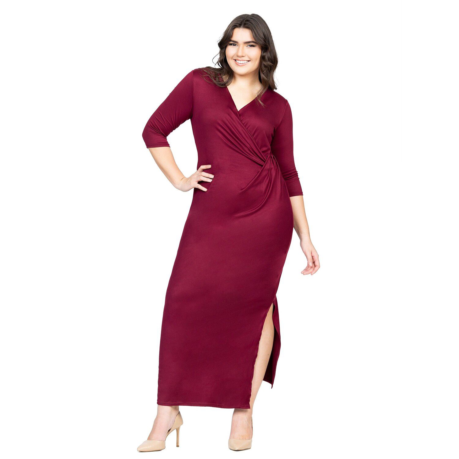 Женские платья 24Seven Comfort Apparel Petite 24Seven Comfort Apparel V-Neck Three Quarter Sleeve Faux Wrap Maxi Dress