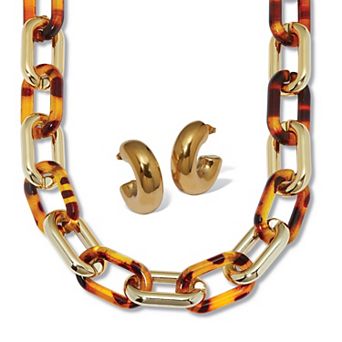 Acrylic Link Tortoise Shell and Gold Ion-Plated Stainless Steel Jewelry Set