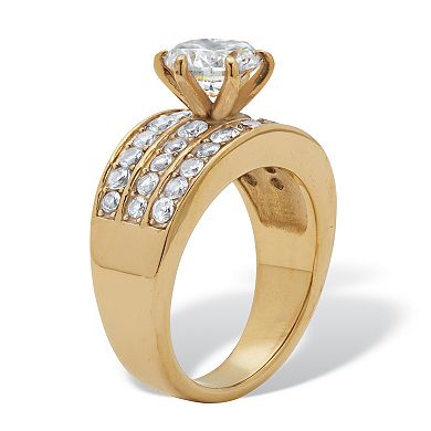 3.18 TCW Round CZ Gold Ion-Plated Stainless Steel Three Row Pave Engagement Ring