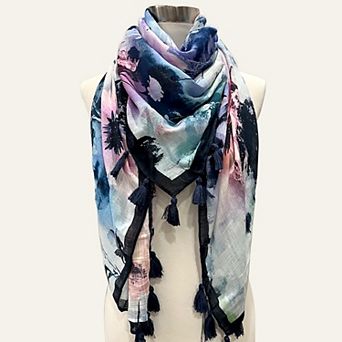 BCBG Generation Floral Printed Tassel Square Scarf