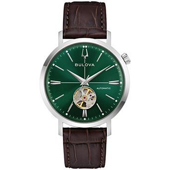 Bulova Men's Open-Heart Green Dial Leather Strap Automatic Watch - 96A332