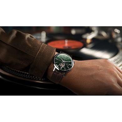 Bulova Men's Open-Heart Green Dial Leather Strap Automatic Watch - 96A332