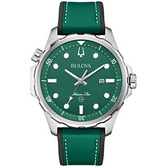 Bulova Men's Marine Star Stainless Steel Green Dial Leather & Silicone Strap Watch - 96B449