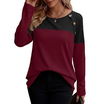 Zeagoo Women s Casual Long Sleeve Crewneck Sweatshirts Color Block Waffle Tunic Tops