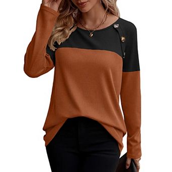 Zeagoo Women s Casual Long Sleeve Crewneck Sweatshirts Color Block Waffle Tunic Tops