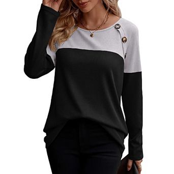 Zeagoo Women s Casual Long Sleeve Crewneck Sweatshirts Color Block Waffle Tunic Tops