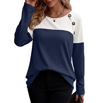 Zeagoo Women s Casual Long Sleeve Crewneck Sweatshirts Color Block Waffle Tunic Tops