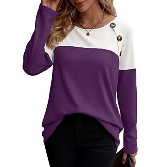 Zeagoo Women s Casual Long Sleeve Crewneck Sweatshirts Color Block Waffle Tunic Tops