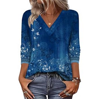 Zeagoo Cute Summer Boho Tops for Women V Neck Long Sleeve Blouses Shirts Casual Tee Shirt