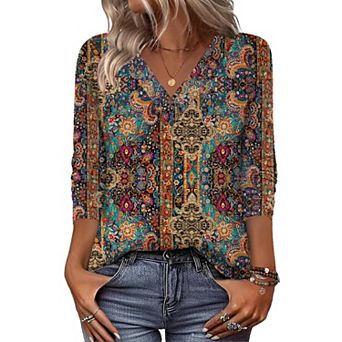 Zeagoo Cute Summer Boho Tops for Women V Neck Long Sleeve Blouses Shirts Casual Tee Shirt