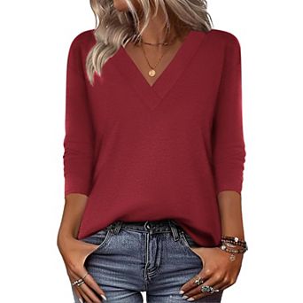Zeagoo Cute Summer Boho Tops for Women V Neck Long Sleeve Blouses Shirts Casual Tee Shirt