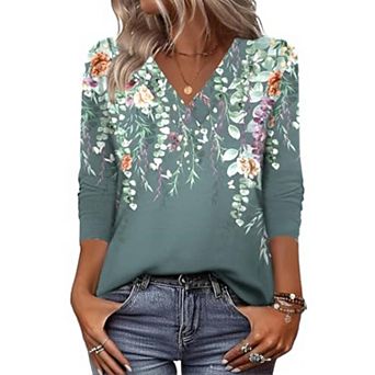 Zeagoo Cute Summer Boho Tops for Women V Neck Long Sleeve Blouses Shirts Casual Tee Shirt