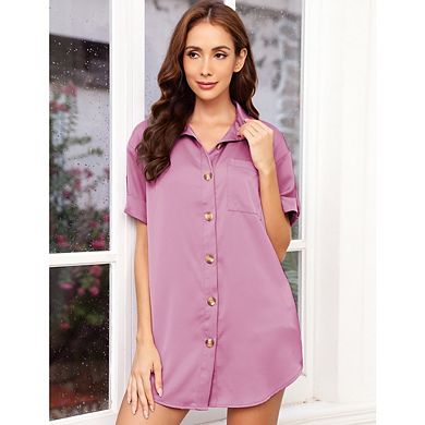 Women Button Down Short Sleeve Tshirt Casual Mini Beach Dress
