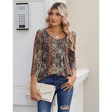 Zeagoo Women s Fall 3 4 Sleeve Round Neck Ink Dot Tops, Pleated Business Work Shirts