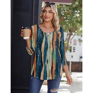 Zeagoo Women s Fall 3 4 Sleeve Round Neck Ink Dot Tops, Pleated Business Work Shirts