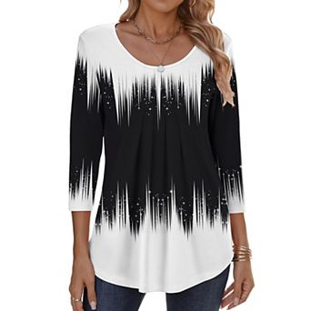 Zeagoo Women s Fall 3/4 Sleeve Round Neck Ink Dot Tops, Pleated Business Work Shirts